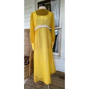 Vintage 1970s Mustard Yellow Sheer Nylon Maxi Dress Size M